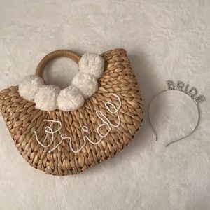 Bride rattan purse with pom pom detail and bride headband